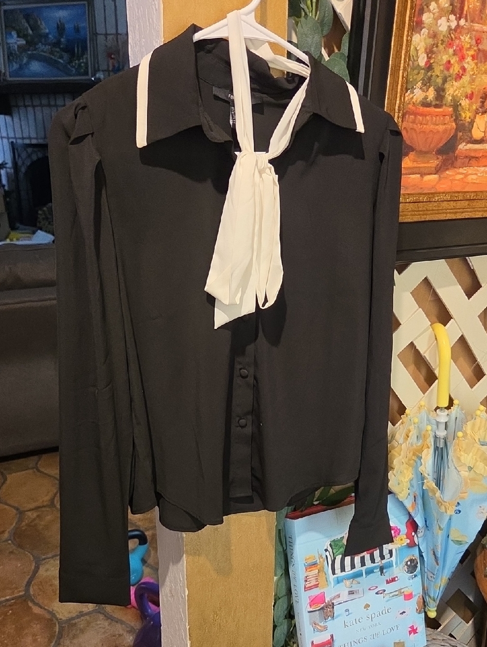 Forever 21 Black Blouse with White Tie Detail